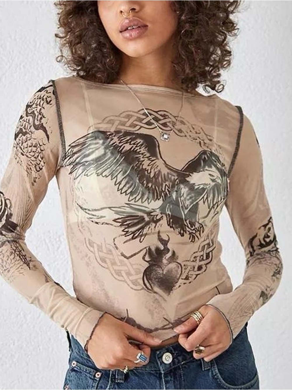 Urban Outfitters Taupe Sheer Mesh Long-Sleeve Top with Raven Graphic